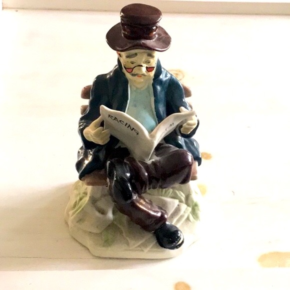 Vintage Ceramic Older Man On Bench Reading Racing Form Newspaper